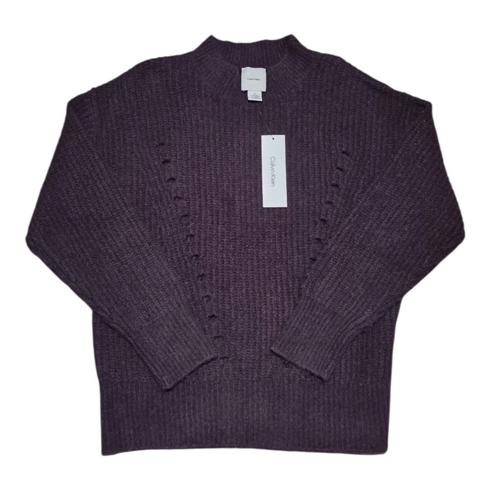 Calvin Klein Womens M Cable Knit Sweater Purple Casual Hole Design NWT Medium